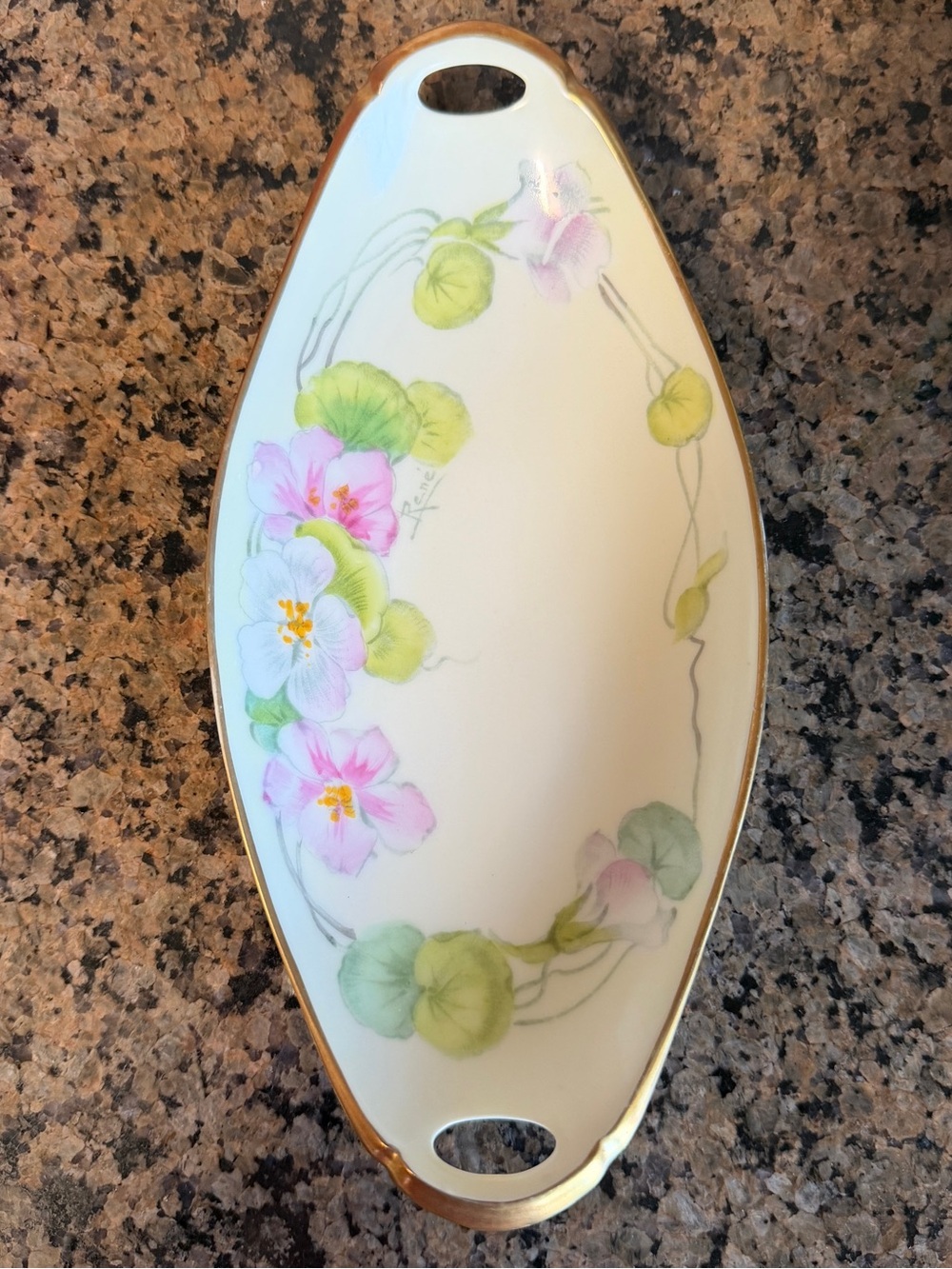 Rene Bavaria signed dish  9 1/2 X 4 1/2" Beautiful hand-painted Dish